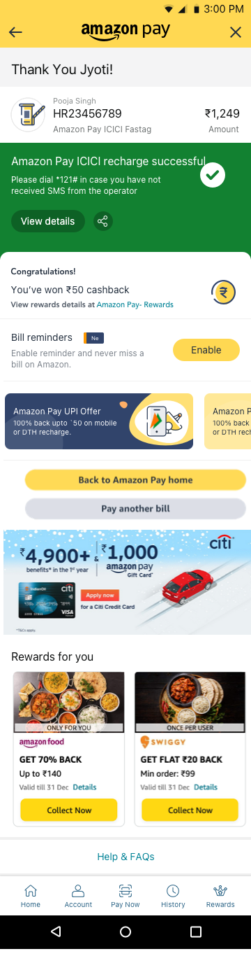 Complete credit card recharge Thank You page
