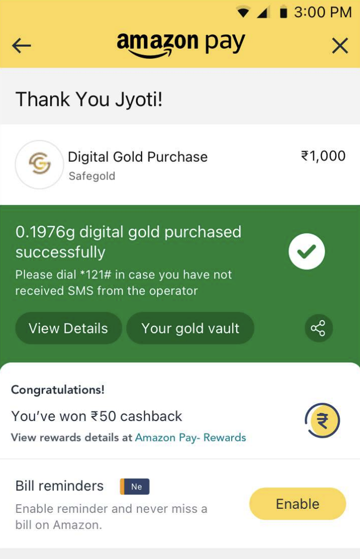 Digital gold purchase Thank You page