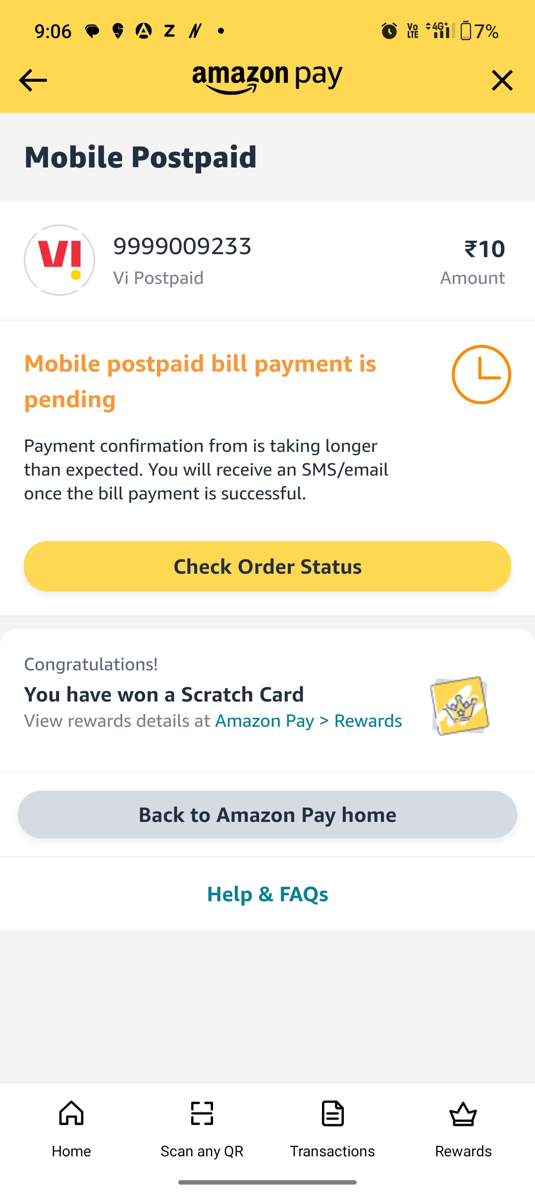 Pending state mobile interface showing mobile postpaid payment pending with order status and next actions