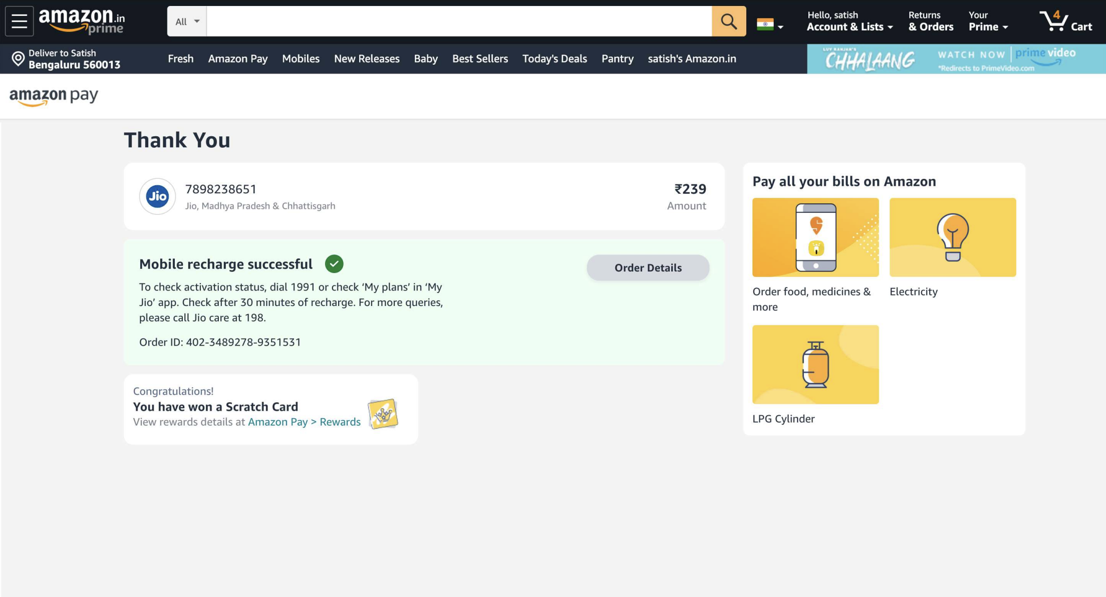 Complete desktop Thank You page design showing mobile recharge successful with order details, rewards section, and marketing cards