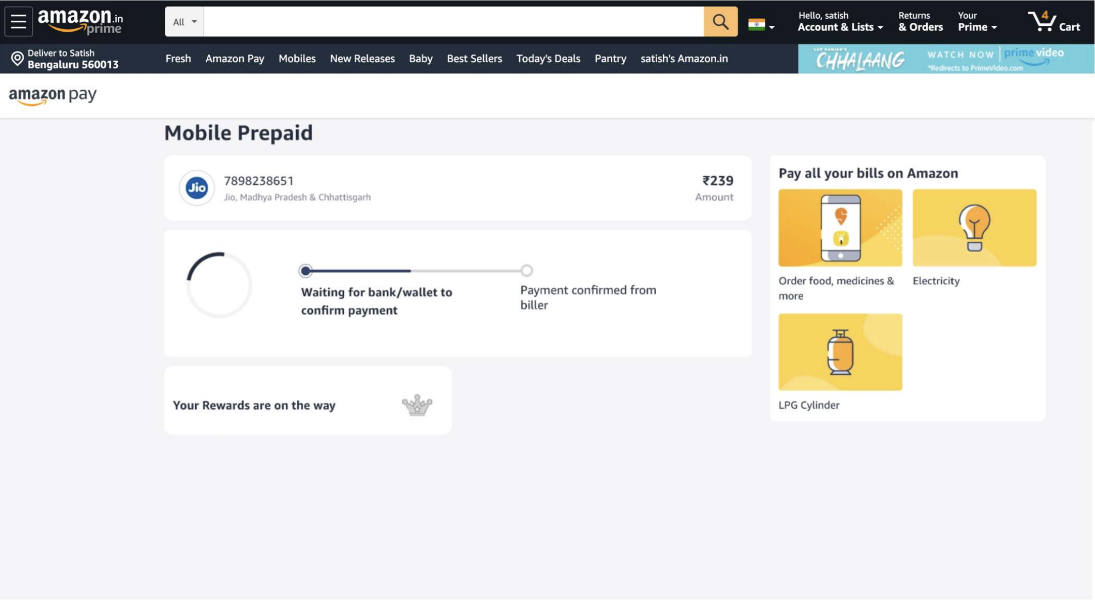 Desktop processing screen 1 showing Amazon Pay mobile prepaid loading state with progress indicator