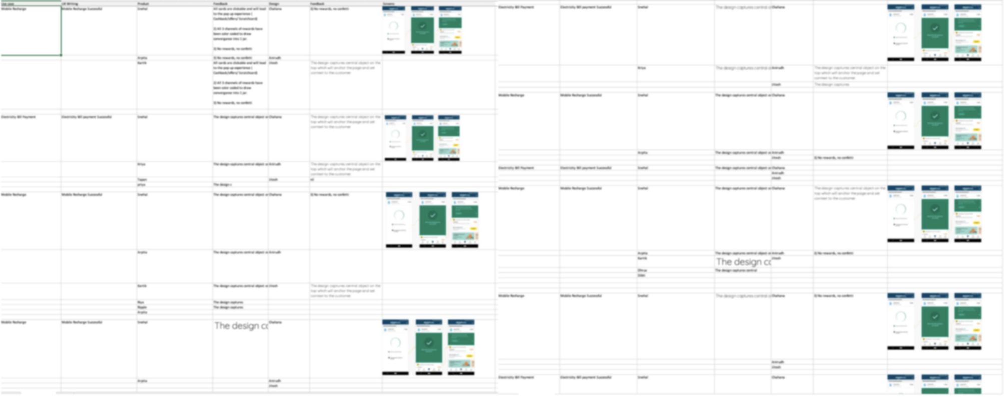 Comprehensive UX writing workflow showing screens, wireframes, and content structure for mobile recharge experience