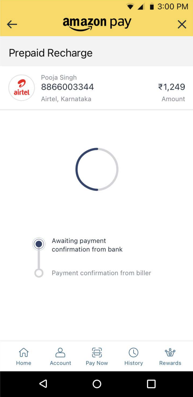 Processing screen 1 showing Amazon Pay prepaid recharge loading state with spinner
