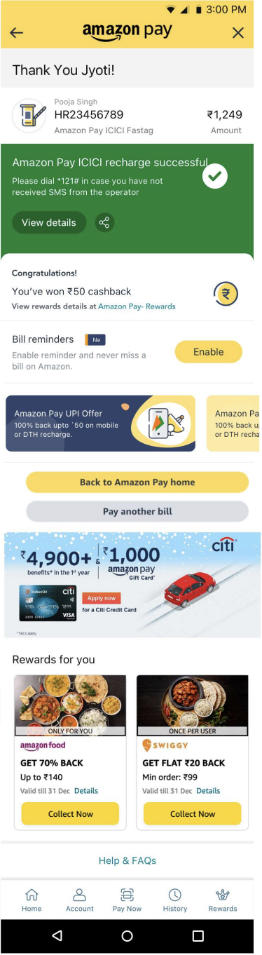 Credit card recharges Thank You page