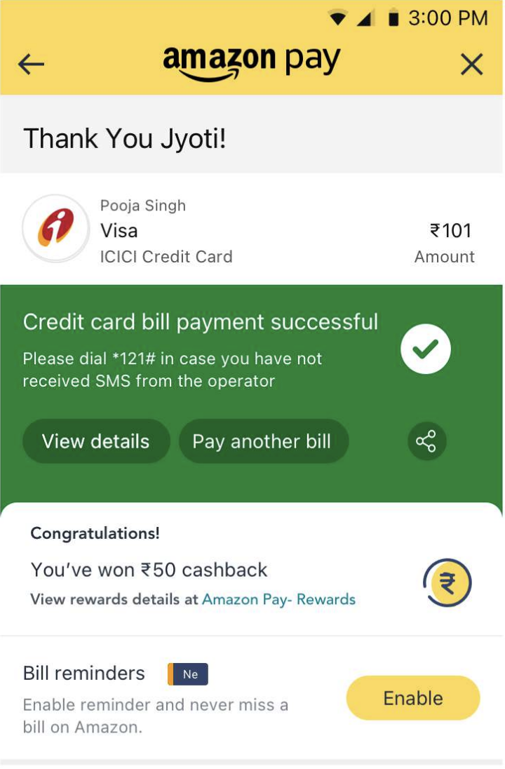 Credit card bill payment Thank You page