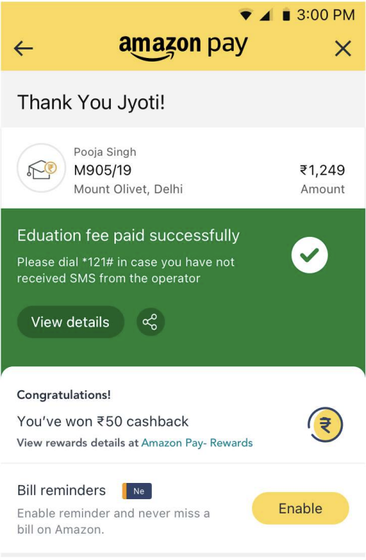 Education fee payment Thank You page