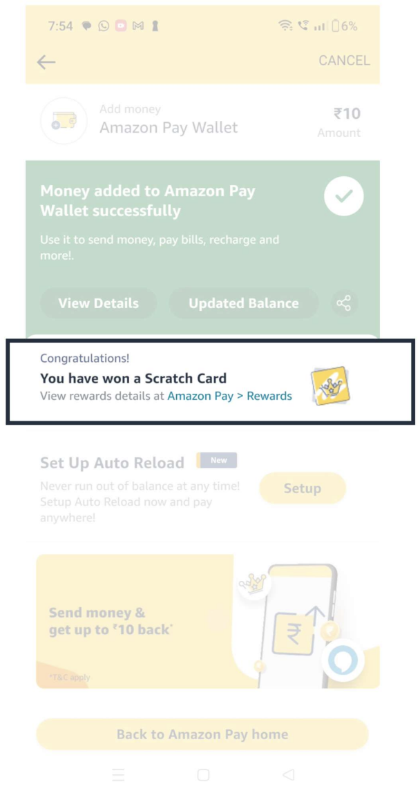 Rewards presence on Thank You page showing Amazon Pay wallet with rewards and scratch card notification