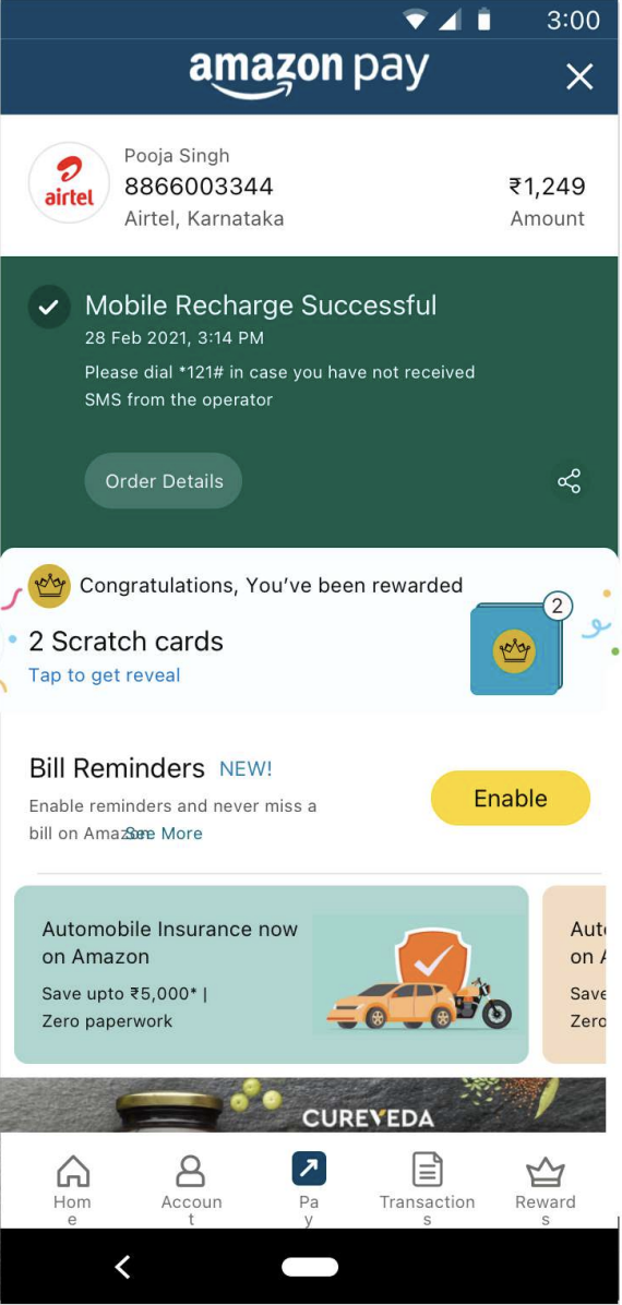 Scratch card wireframe showing mobile recharge successful with scratch card notification