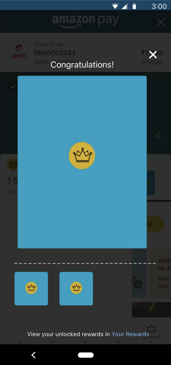 Scratch card wireframe showing congratulations screen with emoji