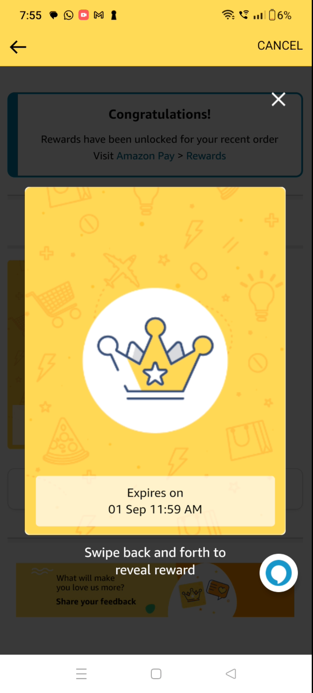 Rewards experience step 1 showing congratulations modal with crown icon and reward expiry details