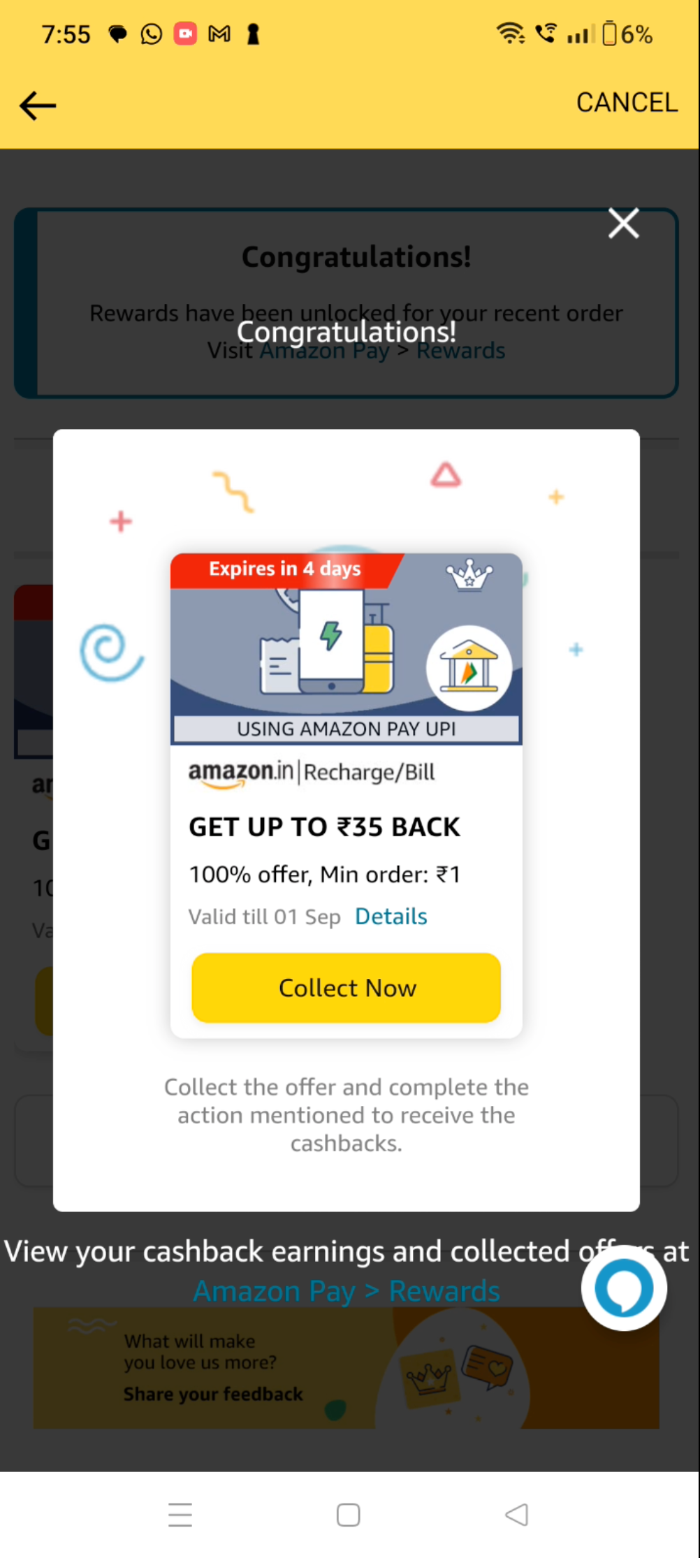 Rewards experience step 2 showing congratulations screen with cashback details and collect now button
