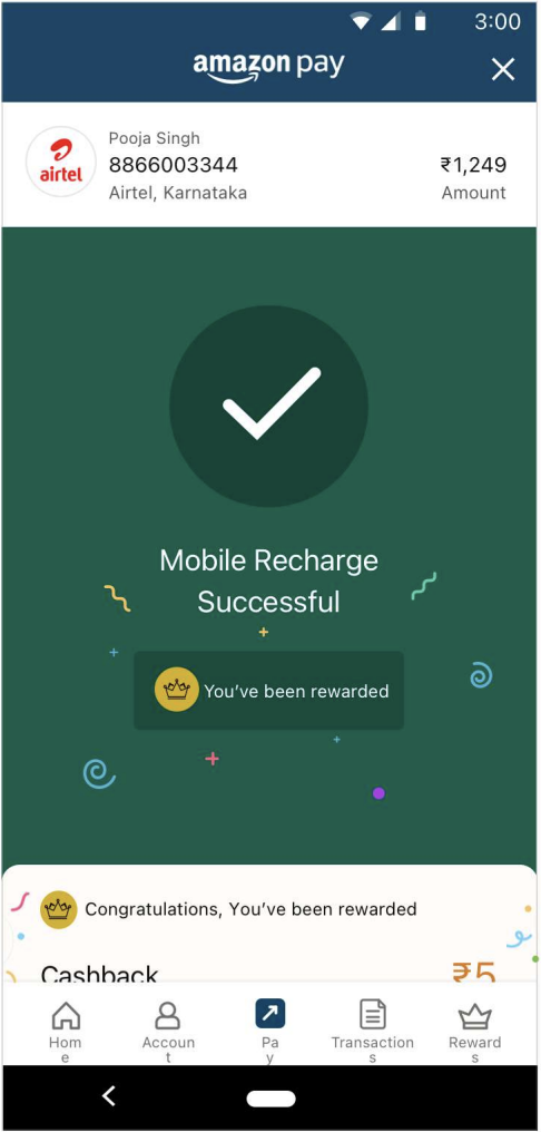 Cashback rewards wireframe showing mobile recharge successful screen with confetti burst