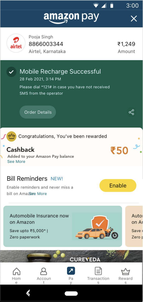 Cashback rewards wireframe showing Amazon Pay wallet with cashback details