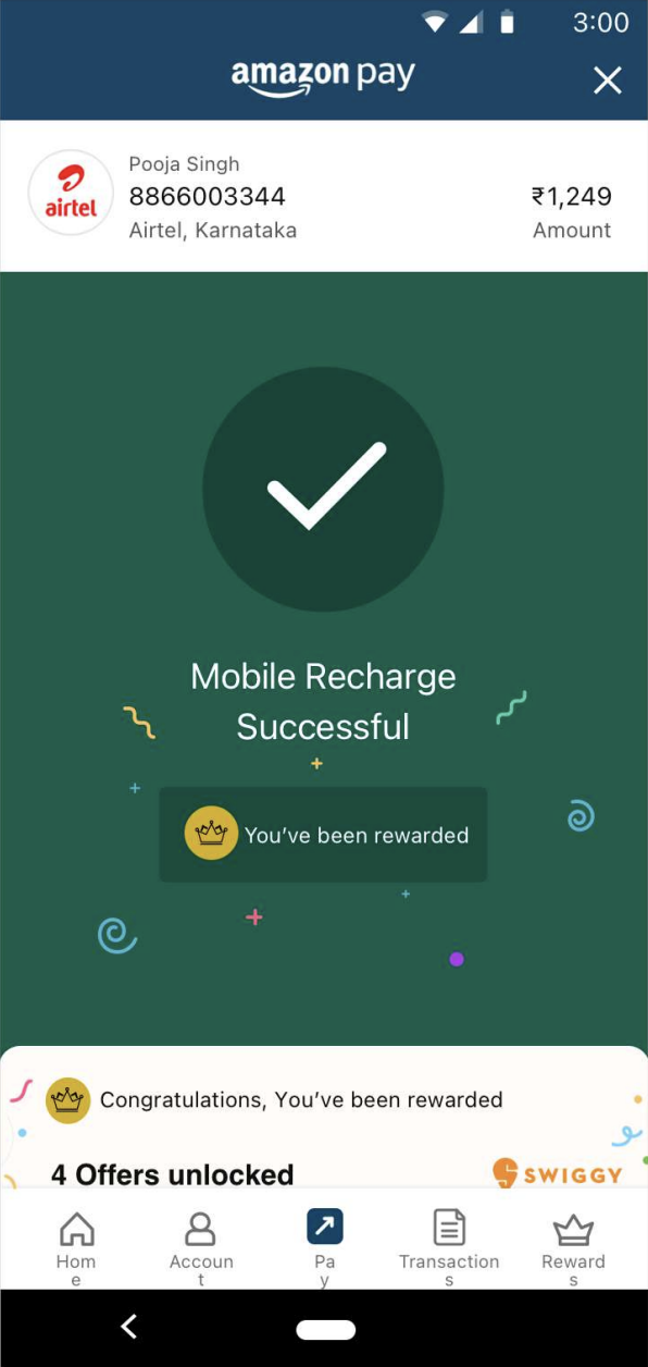 Offer rewards wireframe showing mobile recharge successful with confetti