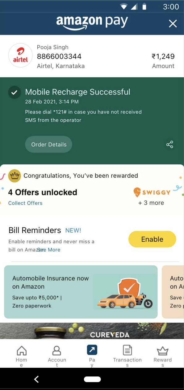 Offer rewards wireframe showing Amazon Pay wallet with offer details