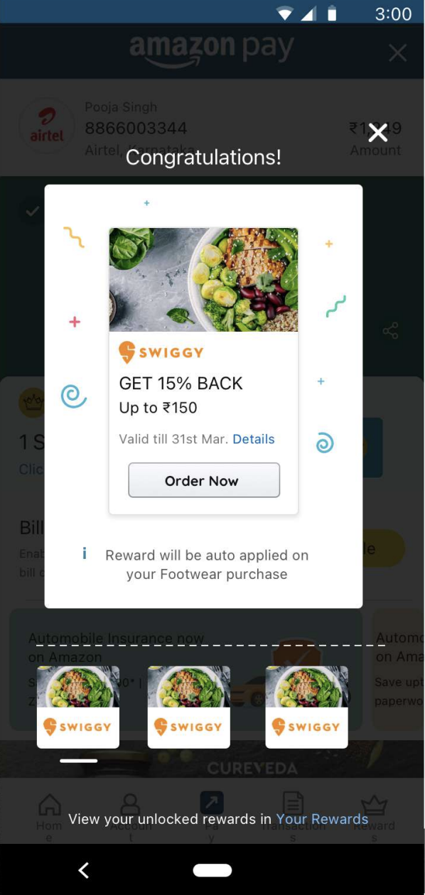 Offer rewards wireframe showing congratulations modal with offer cards