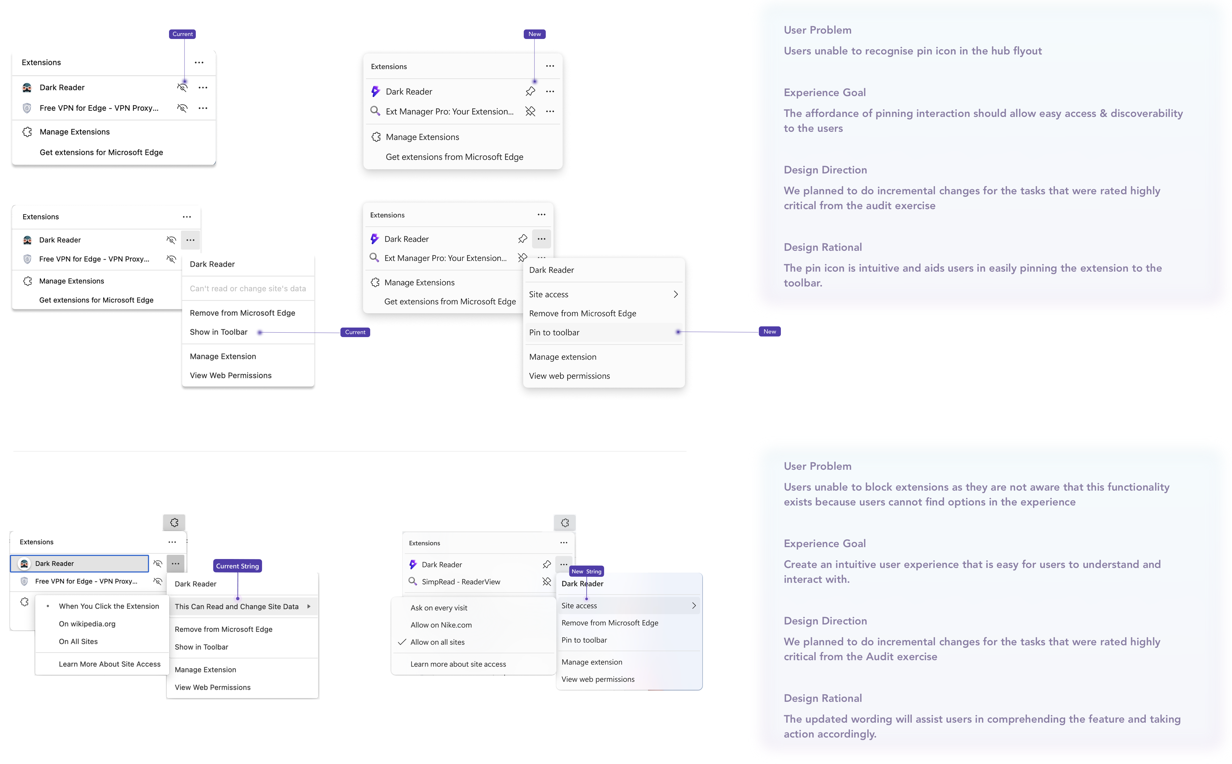 Launched changes showing before and after UI improvements for extension management interface