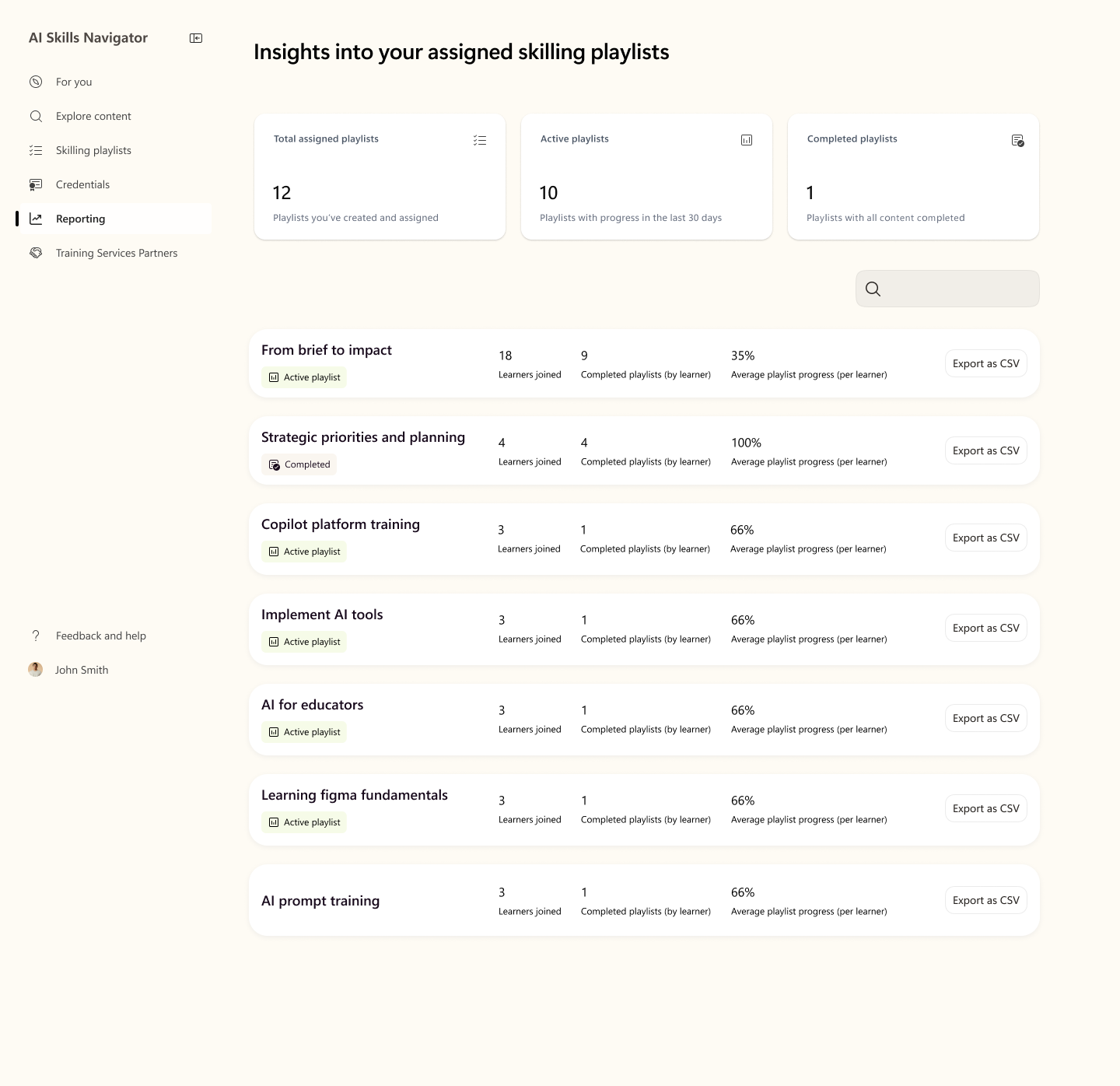 AI Skills Navigator playlist reporting screen showing assigned, active, and completed playlists with progress for each playlist